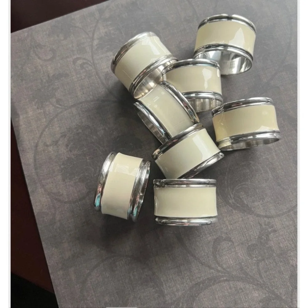 Vintage Set Of‎ 7 Silver Plated And Beige Enamel Napkin Rings Great Quality MCM